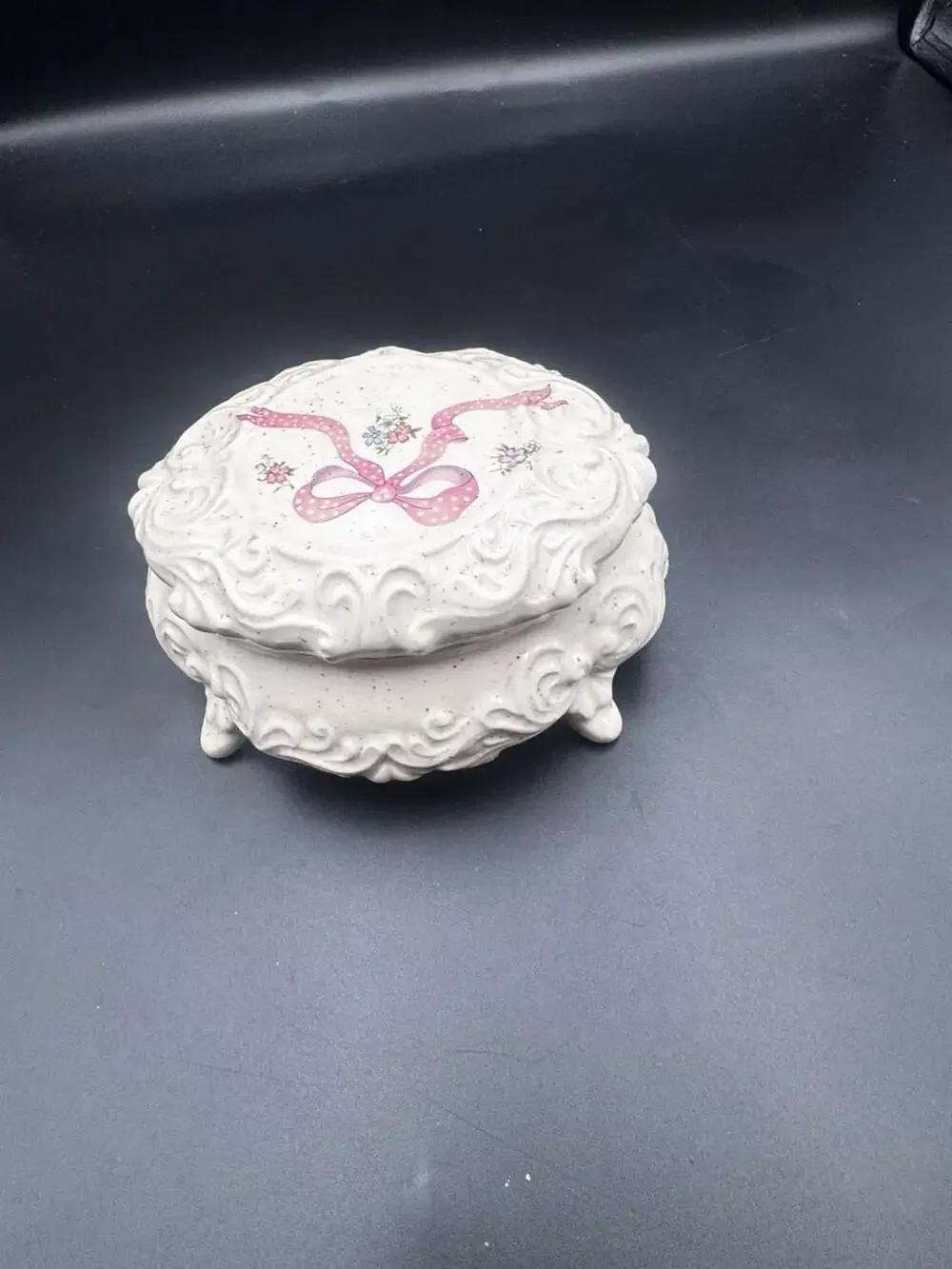 Vintage Ceramic Footed Trinket Box with Pink Bow and Floral Design
